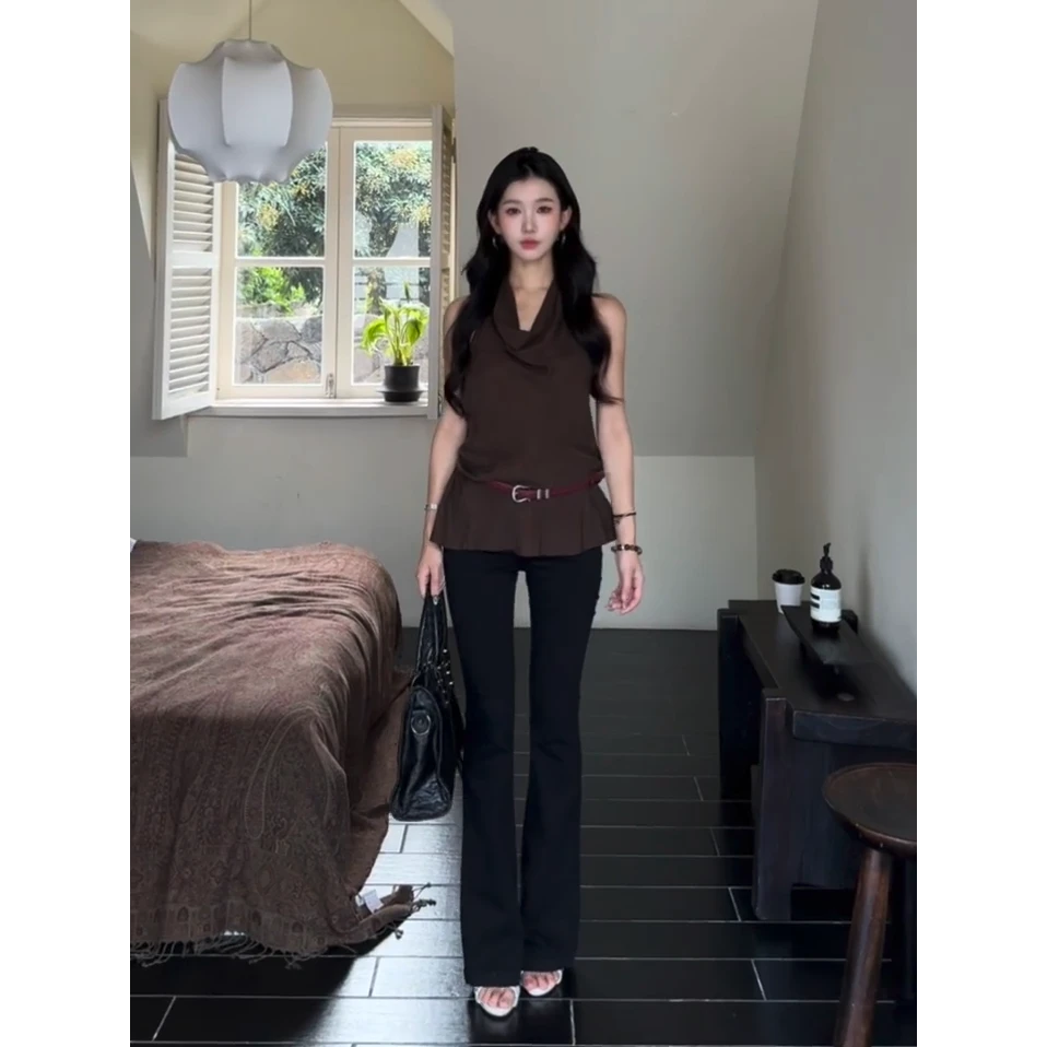 韩系气质女神2025夏季新款ins性感露背挂脖上衣配微喇休闲裤套装