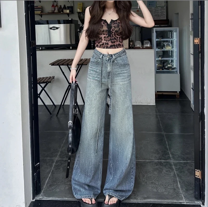 【现货发✈️+运费险】新时尚烫钻满天星阔腿牛仔裤女宽松显瘦直筒裤