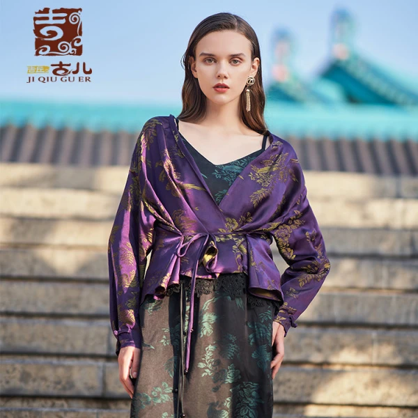 吉丘古儿原创设计复古宽松减龄上衣 长袖V领提花上衣女装G231Y055