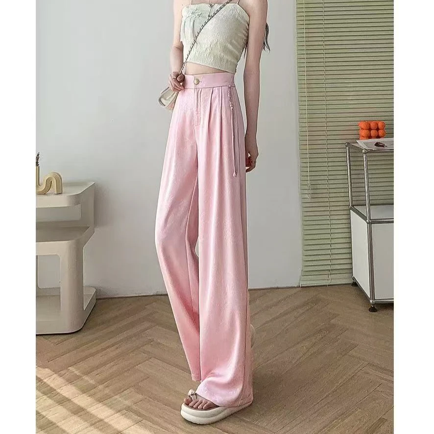 8025#【裤长100】夏季垂感薄款国风提花休闲阔腿直筒裤