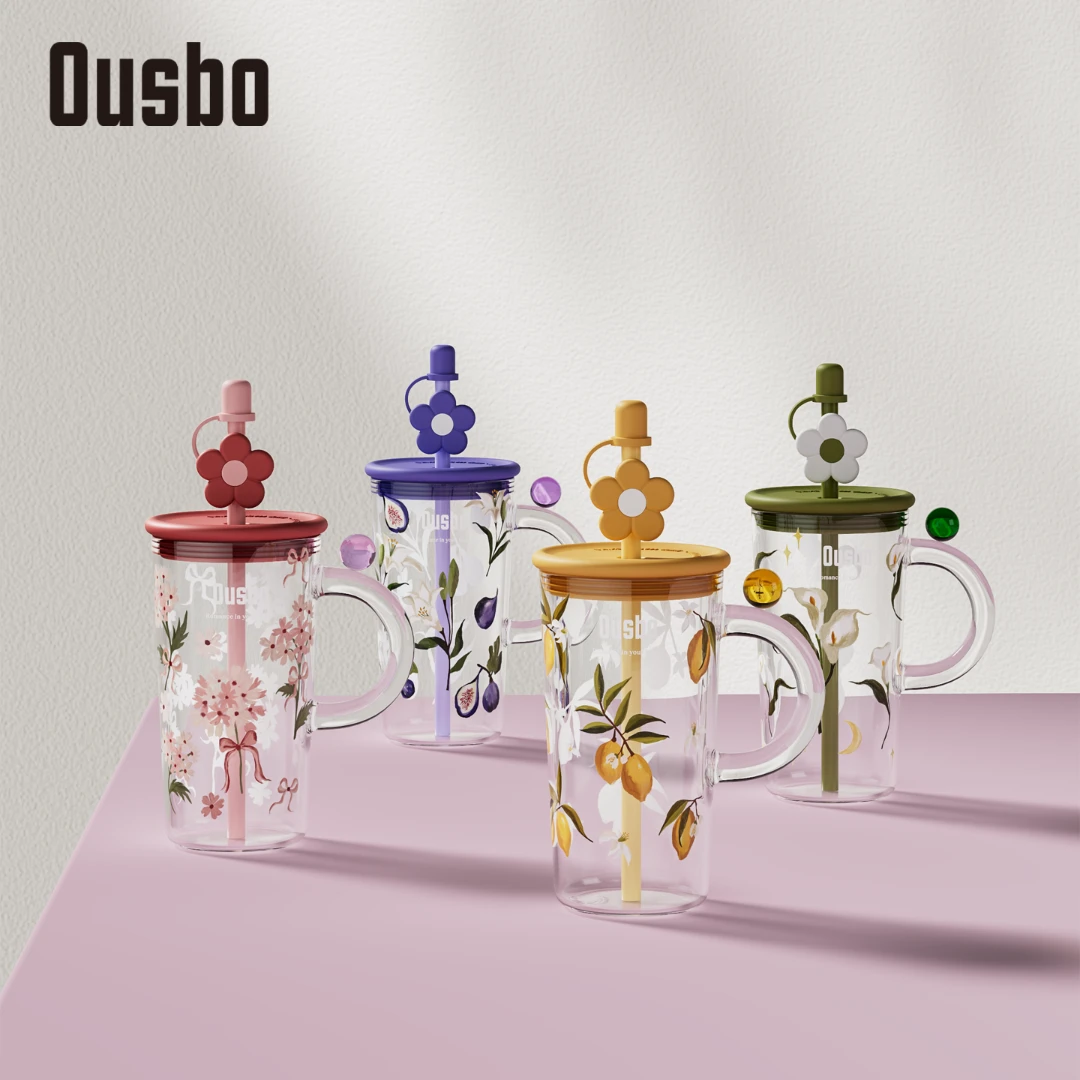 Ousbo仲夏圆点马克杯玻璃吸管水杯女生夏季大容量办公室喝水杯子