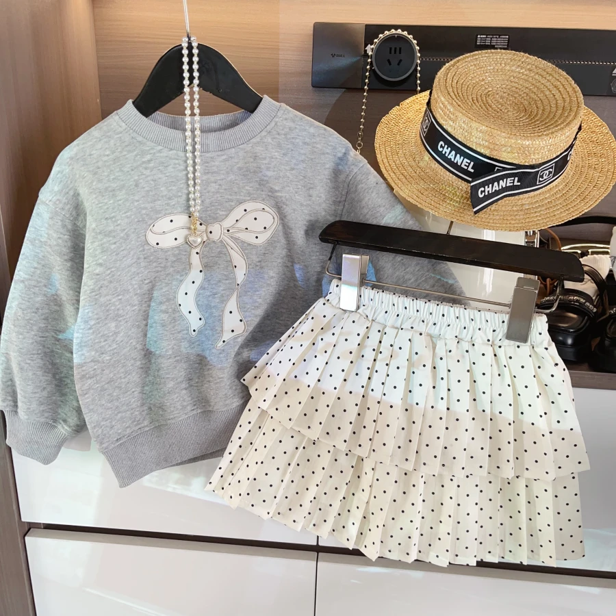 HHkids春款女童2025新款儿童蝴蝶结套头卫衣波点短裙套装CTZ006