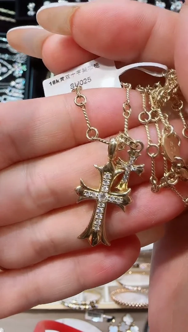 项链18K金镶嵌钻石双十字架