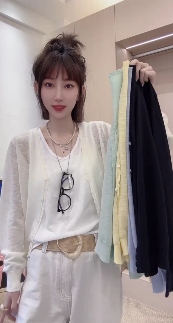 韩ins2025春夏新款简约轻薄透气竹节麻花边单排扣长袖防晒开衫女