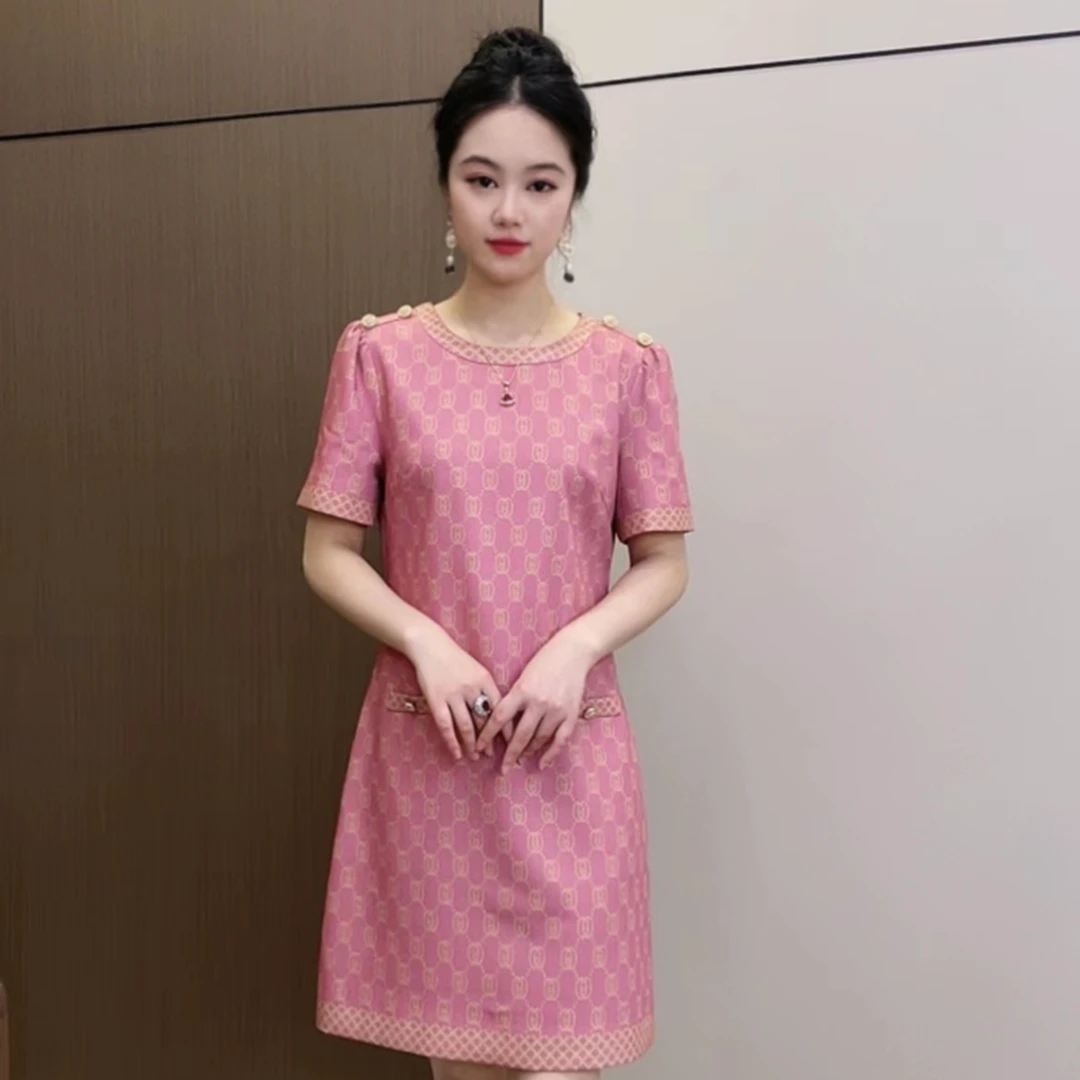 VSHM夏季轻奢定制显瘦遮肉气质减龄修身立体印花中长款女装连衣裙