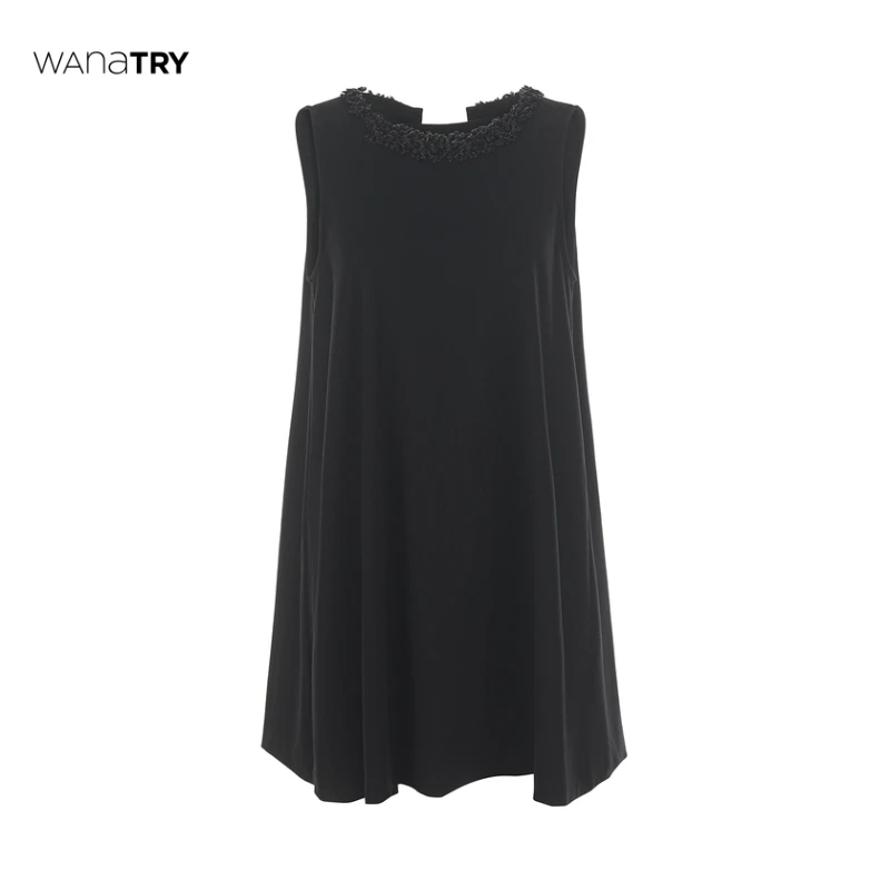 【自播专享】wana try 黑色钉珠气质连衣裙（领口重工串珠工艺）