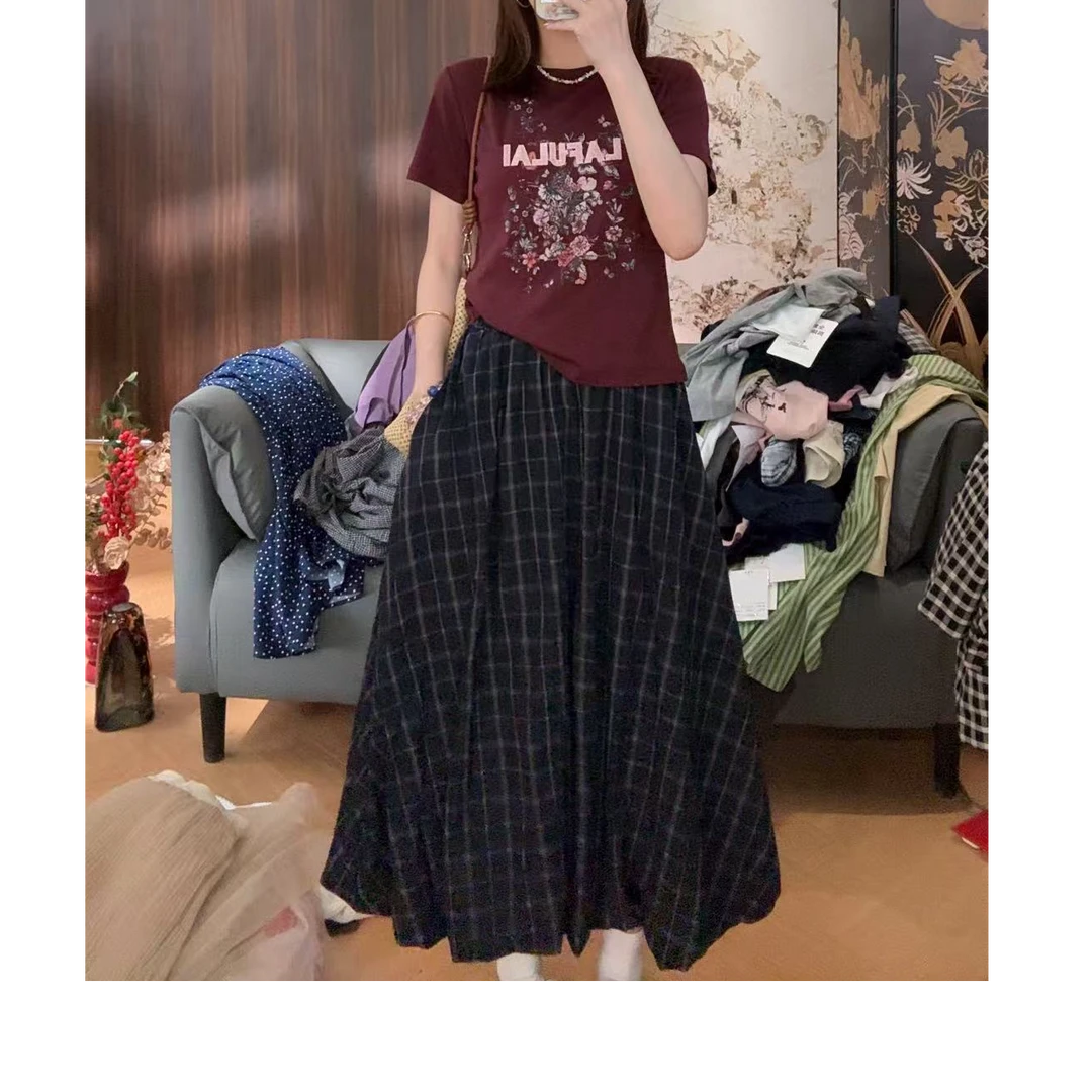 【LIbaibai】夏装2025年新款高腰格子显瘦半身裙BB-1906