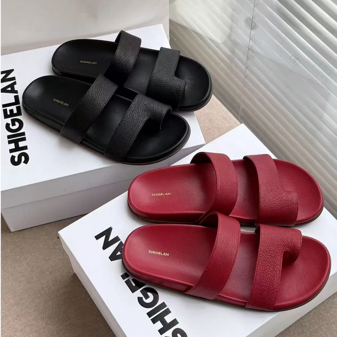 诗歌兰2025夏新款真皮女鞋平底套趾休闲一字外穿拖鞋百搭沙滩凉拖