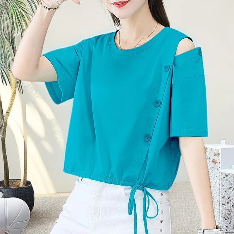 纯色短款上身短袖温柔知性露肩大码肩宽上衣春秋款矮胖休闲夏季