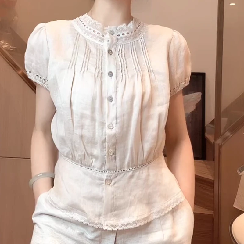 2025夏季新款法式蕾丝显瘦百搭拼接泡泡短袖衬衫上衣LK2504812