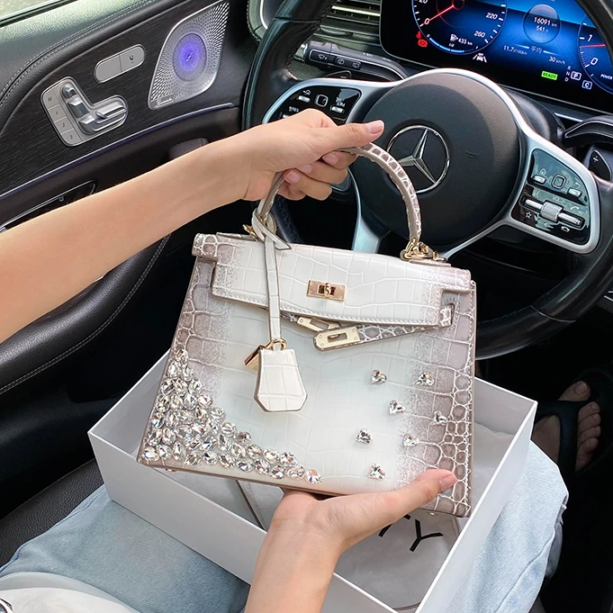 SKT STY轻奢喜马拉雅鳄鱼纹凯莉包包女2025新款高级感镶钻手提包