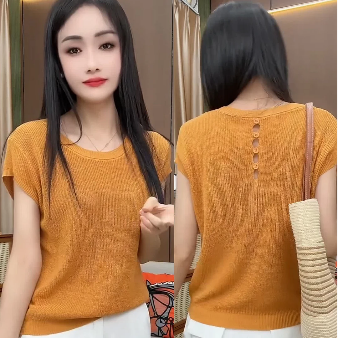 甜美温柔风短袖针织衫女2025夏季新款后背纽扣设计感毛衣女秋冬