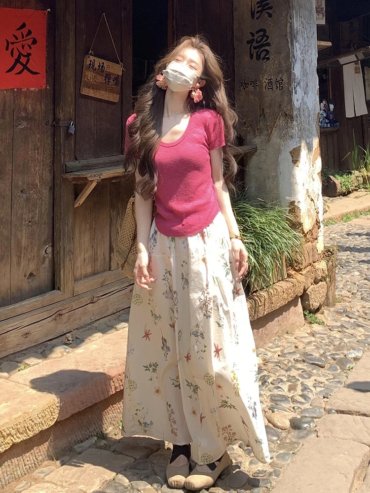 气质温柔风减龄时髦时尚洋气高级感玫红色上衣半身裙两件套装女夏