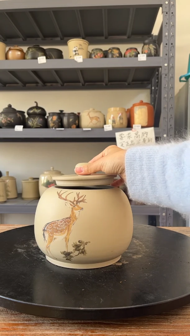 建水紫陶白泥彩绘精品茶罐高16直径15.5