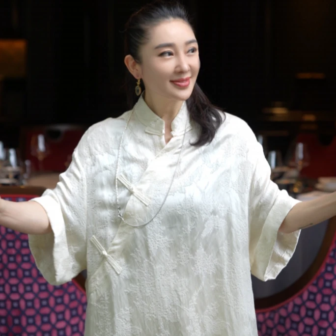 T姐原创精选设计师款新中式时尚休闲提花斜襟阔版连衣裙TB51005