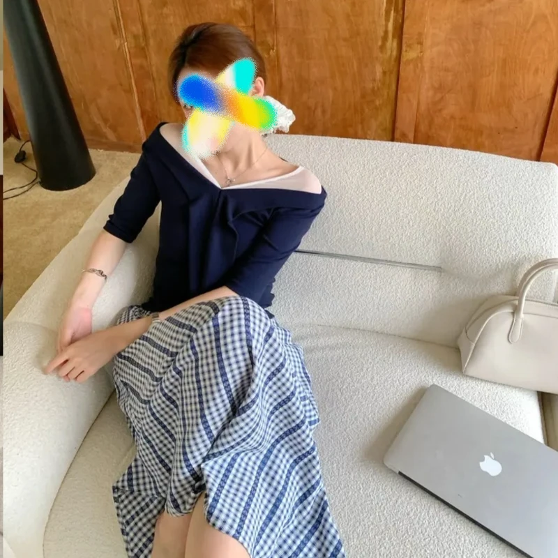 少女夏季气质时尚修身显瘦百搭洋气小众上衣+格子半身裙套装