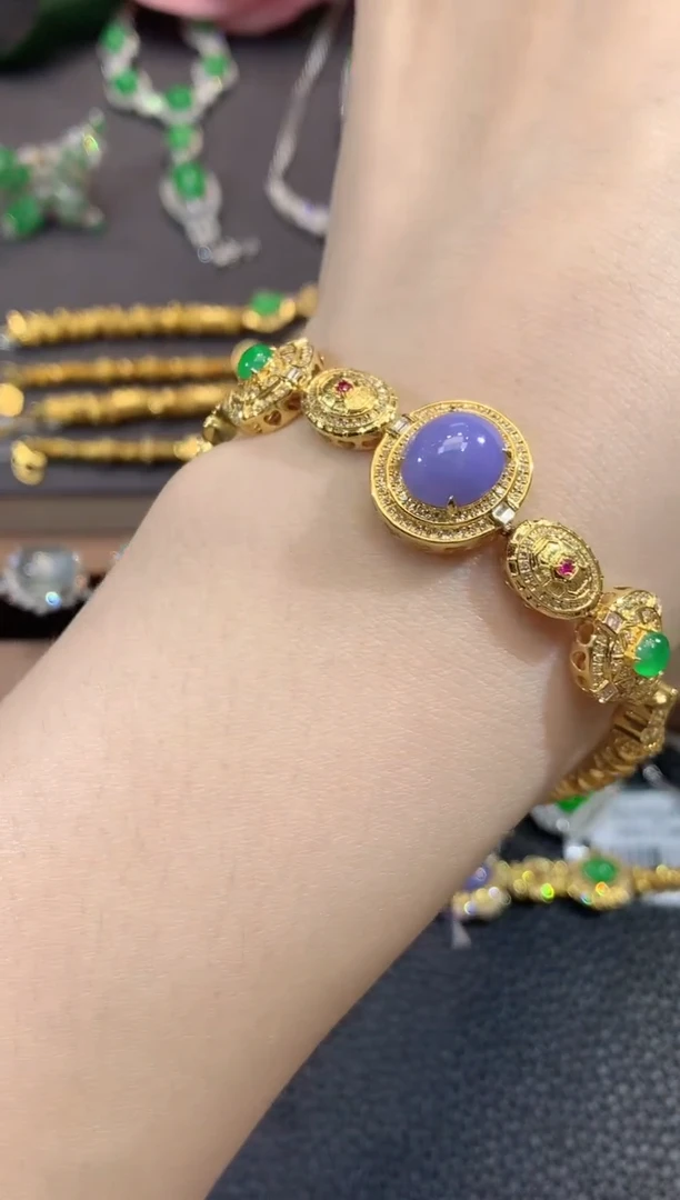 18K金镶嵌手链翡翠A97翡翠紫货有一定色差