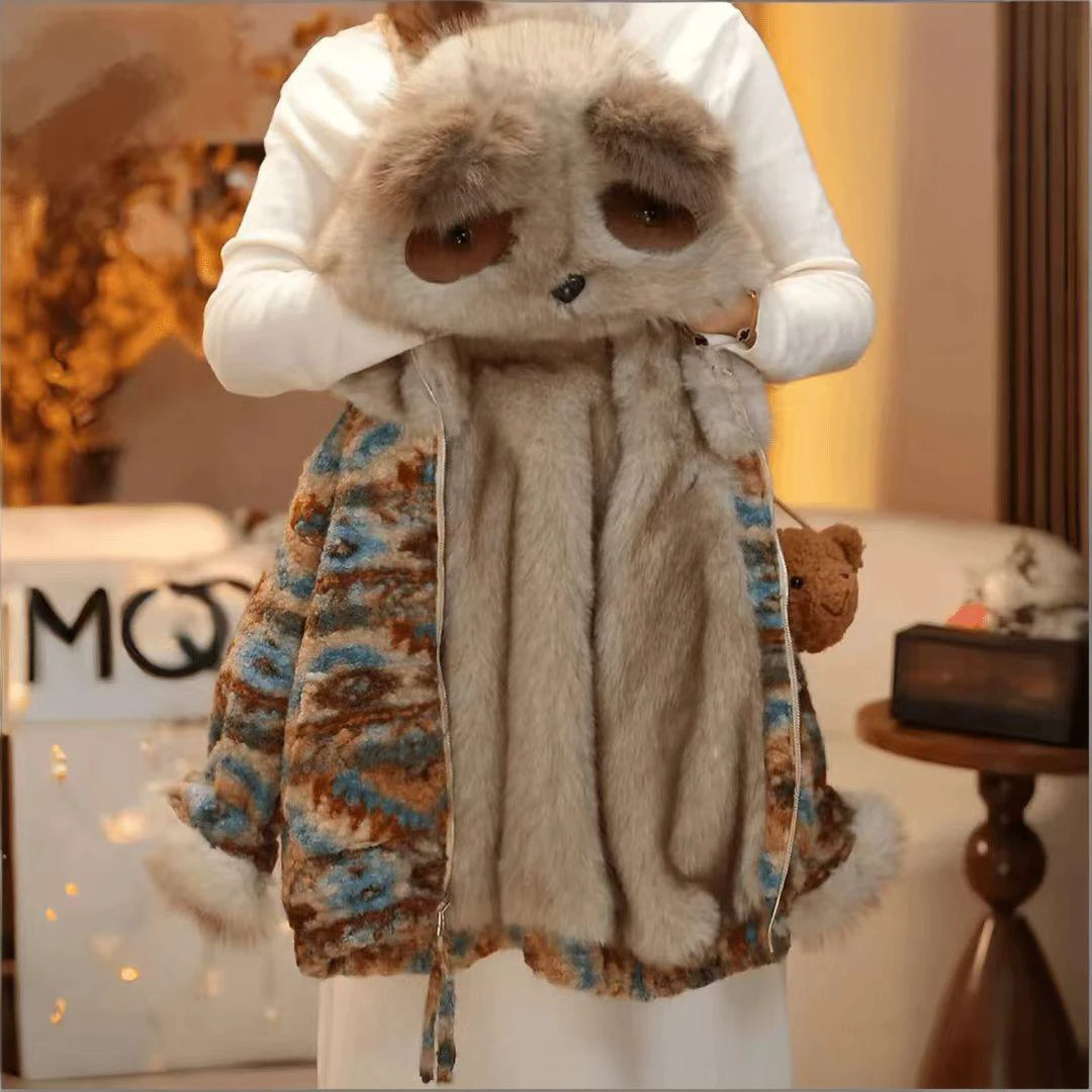 女童2025秋冬季新款彩虹熊加绒外套洋气时时髦
