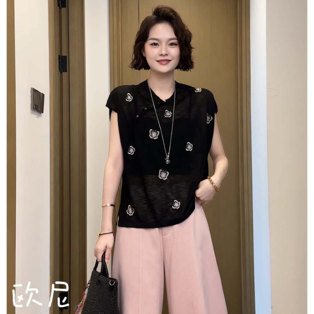 欧尼私服 2025夏 极简百搭新中式国风蝴蝶刺绣盘扣上衣2505C3066