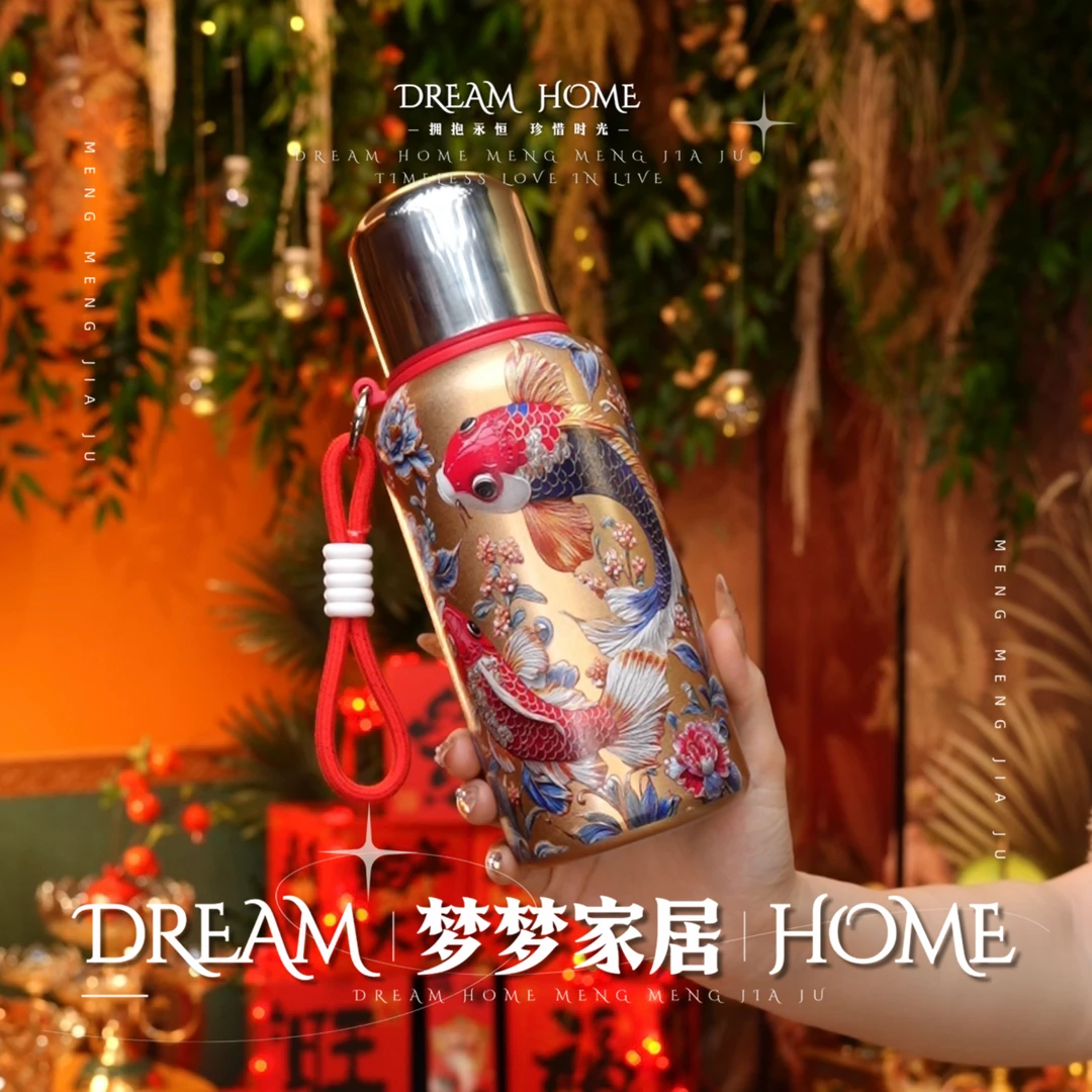 大号650ML锦鲤316不锈钢保温杯保冷保热复古时尚手提绳杯大容量