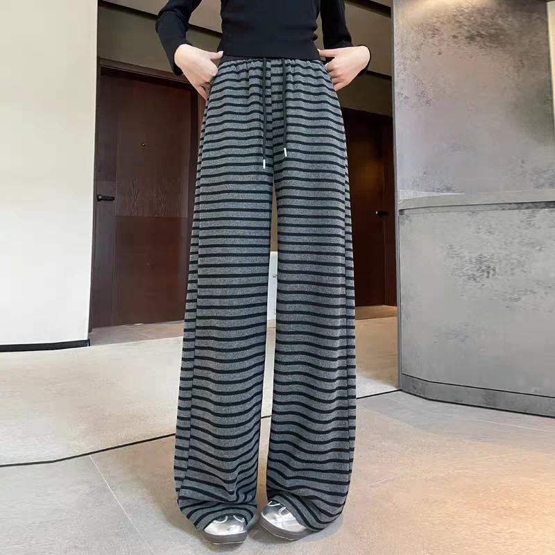 黑灰色条纹阔腿裤休闲裤女2025春新