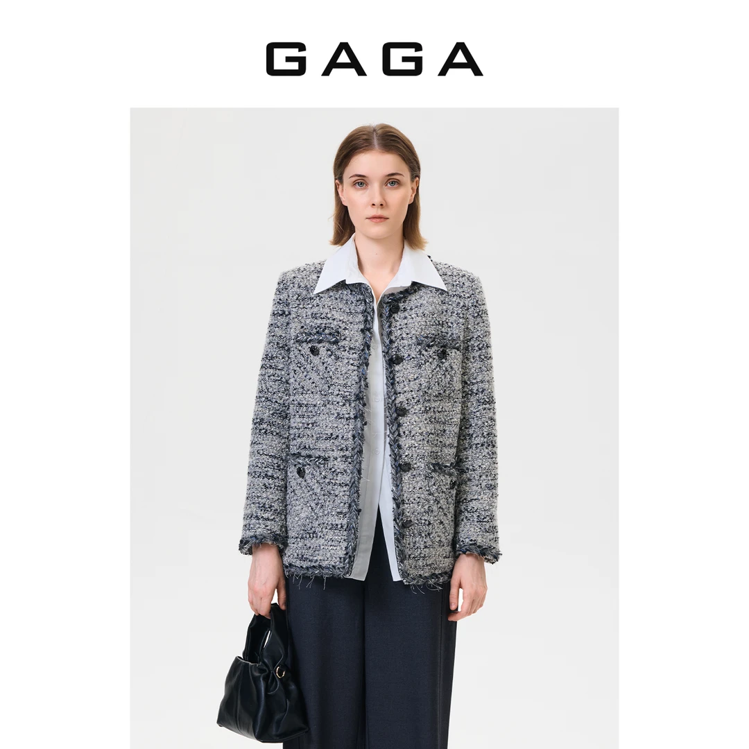 GAGA品牌女装秋季新款经典复古羊毛粗花呢小香外套G53C40018
