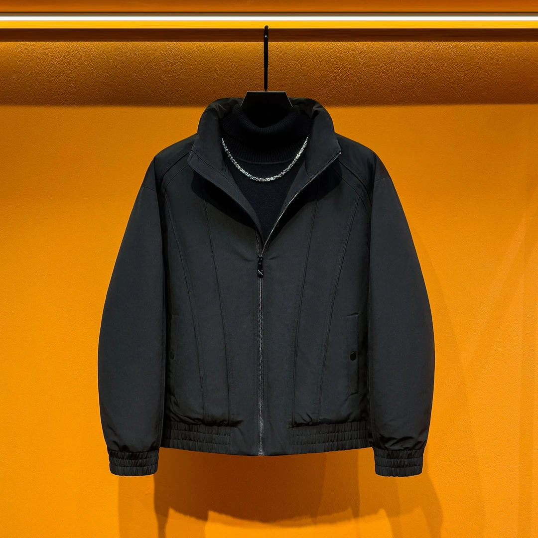 冬季美式90白鸭绒男士立领短款设计感拼接纯色简约羽绒服