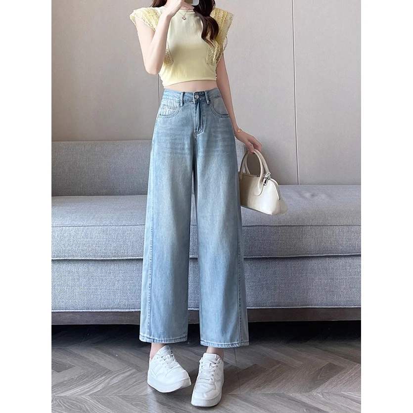 浅蓝色复古高腰直筒牛仔裤女夏季宽松显瘦广州新塘小个子九分裤子