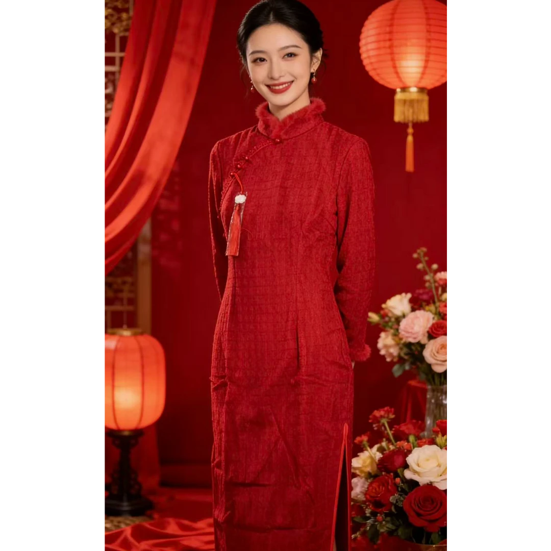 红色雪尼尔加绒格子植绒提花喜庆旗袍