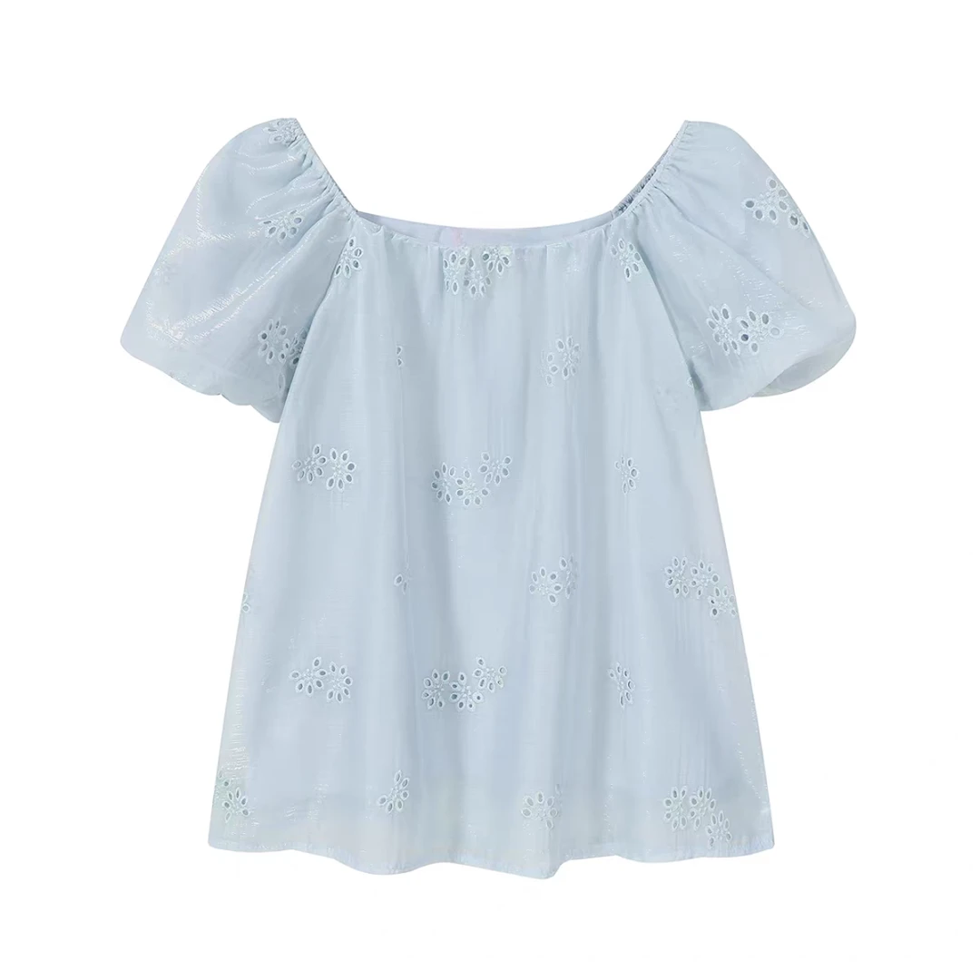 CHERI.Z新款泡泡袖一字领碎花复古荷叶边雪纺衫甜美D25B02271J