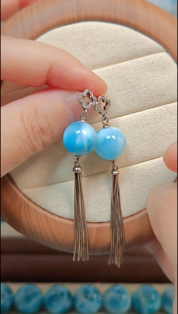 银S925镶嵌针钠钙石（海纹石）耳饰多样性发一对