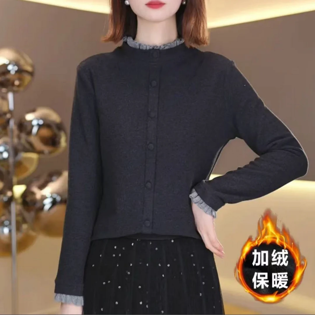 冬季新款加绒保暖打底衫女气质设计感轻盈长袖T恤新年款