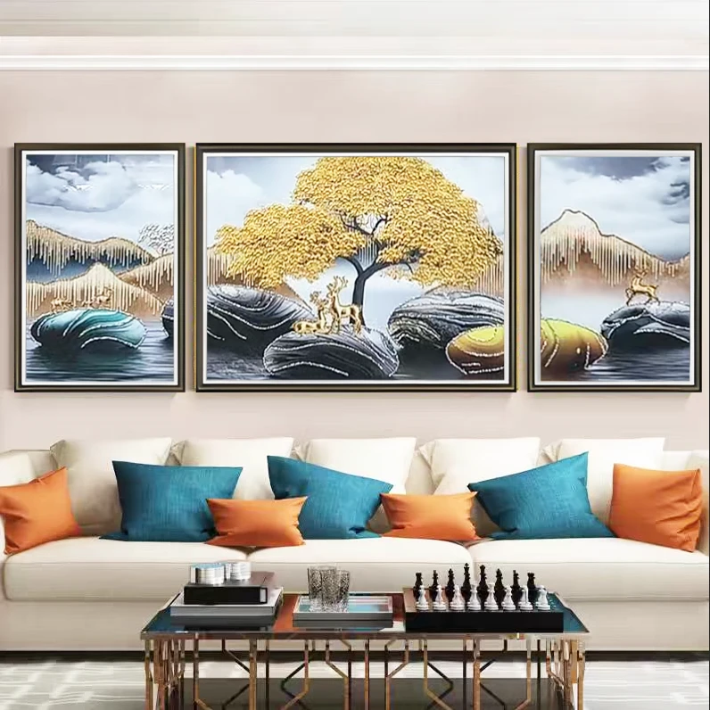 [喜宅家艺]M17金树麋鹿新中式客厅实物现代轻奢沙发背景墙三联画