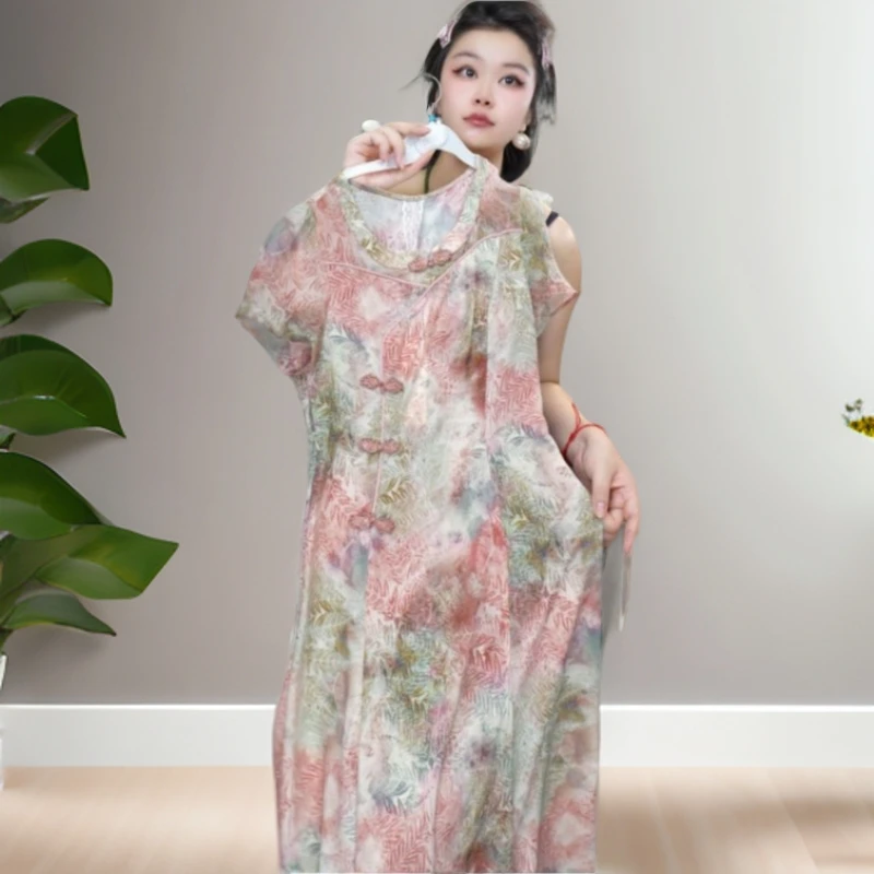 【LW14】显瘦气质时尚圆领提连衣裙国风夏季印花设计师
