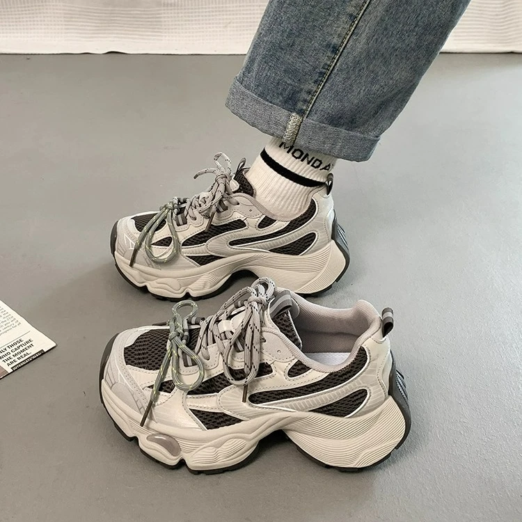 Moleubak厚底老爹鞋女2025年春秋季新款增高网面显脚小跑步运动鞋