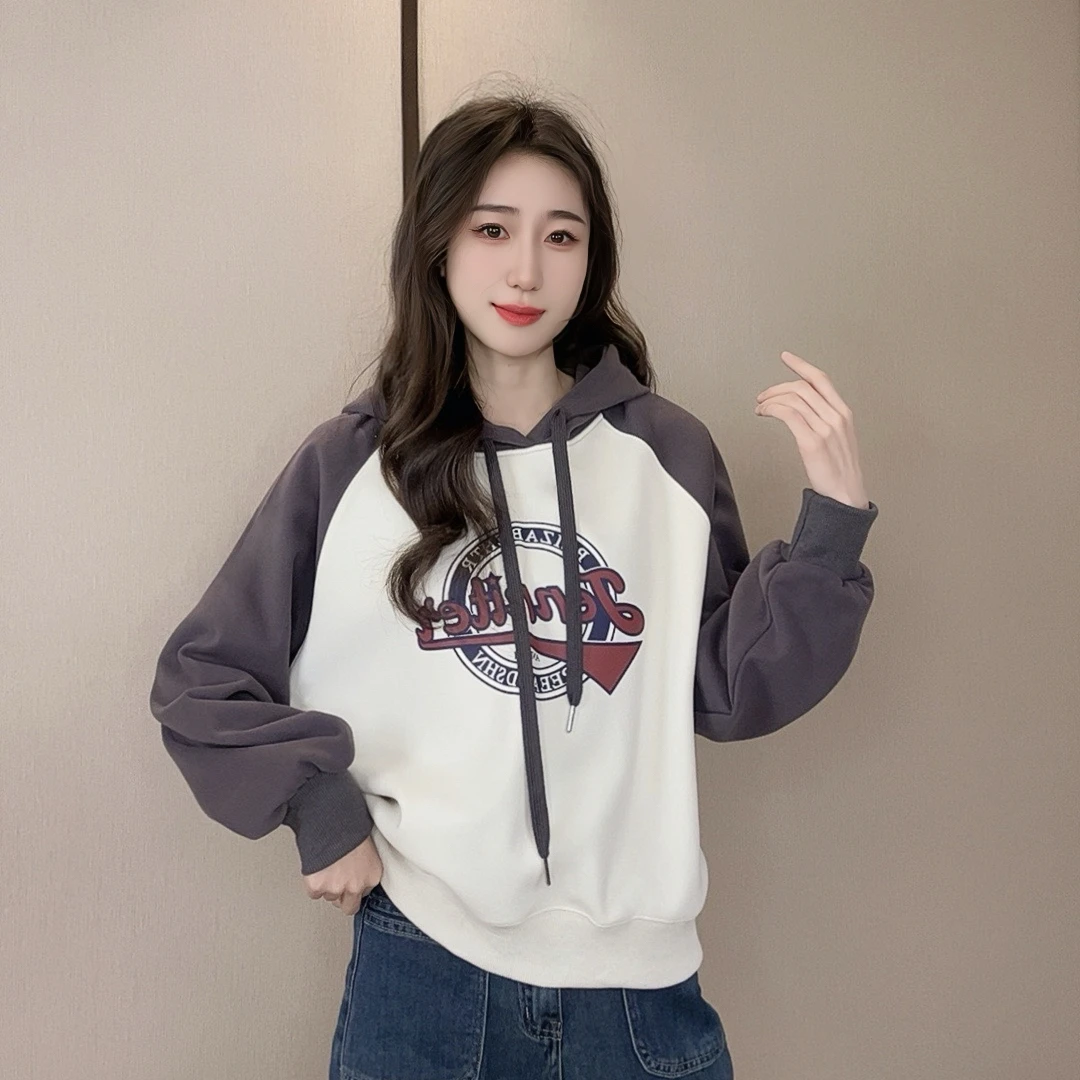 插肩字母卫衣连帽长袖时尚宽松加绒印花韩版设计感百搭休闲