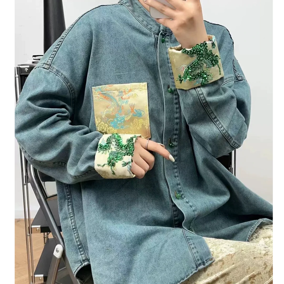 D31191南油爆款刺绣国风中式百搭长袖女衬衫