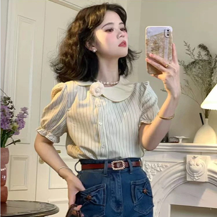 【夏日情书】法式温柔风条纹衬衫女夏新款设计感短袖上衣6674