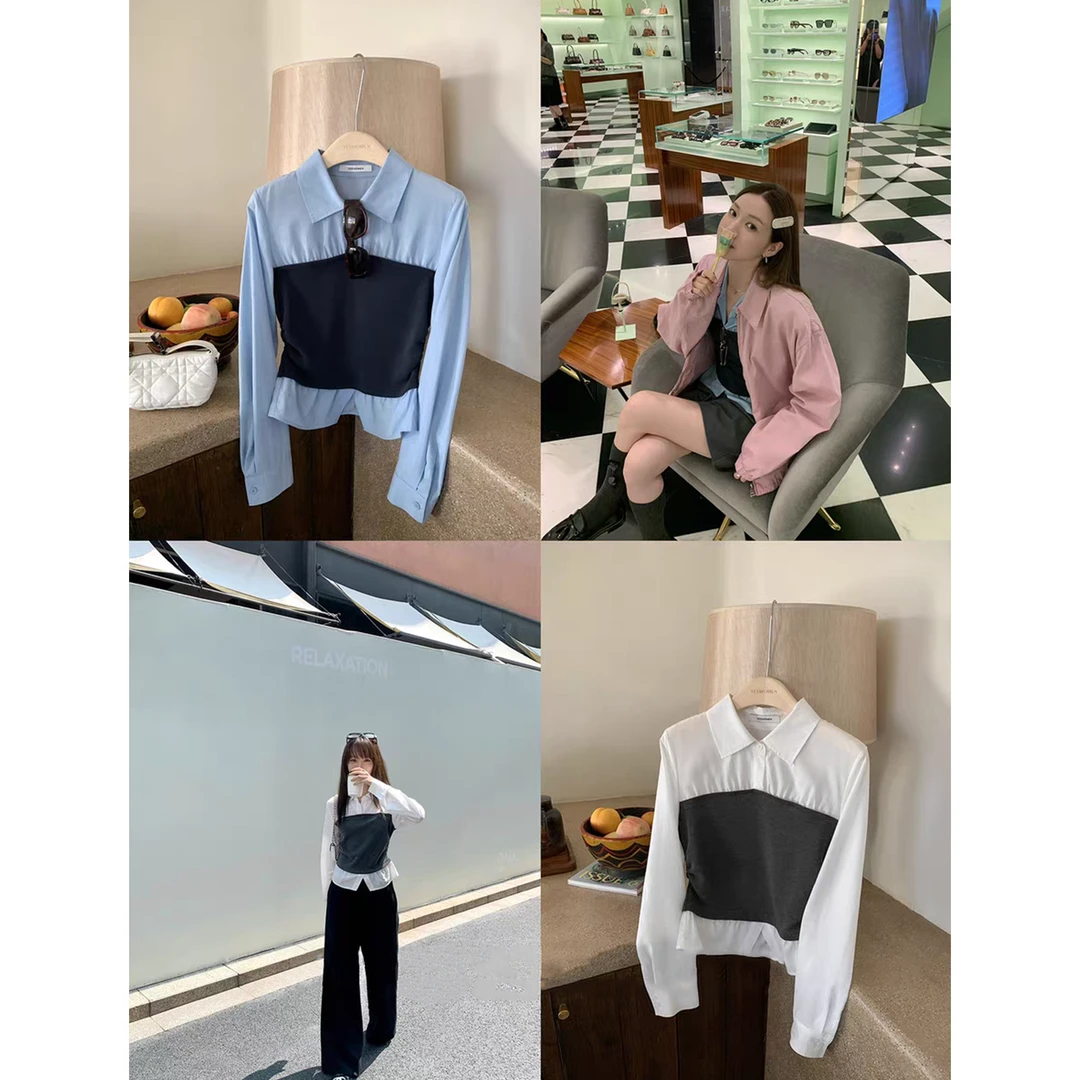 小蛮腰早秋修身显瘦气质假两件套拼色衬衣C 9227#