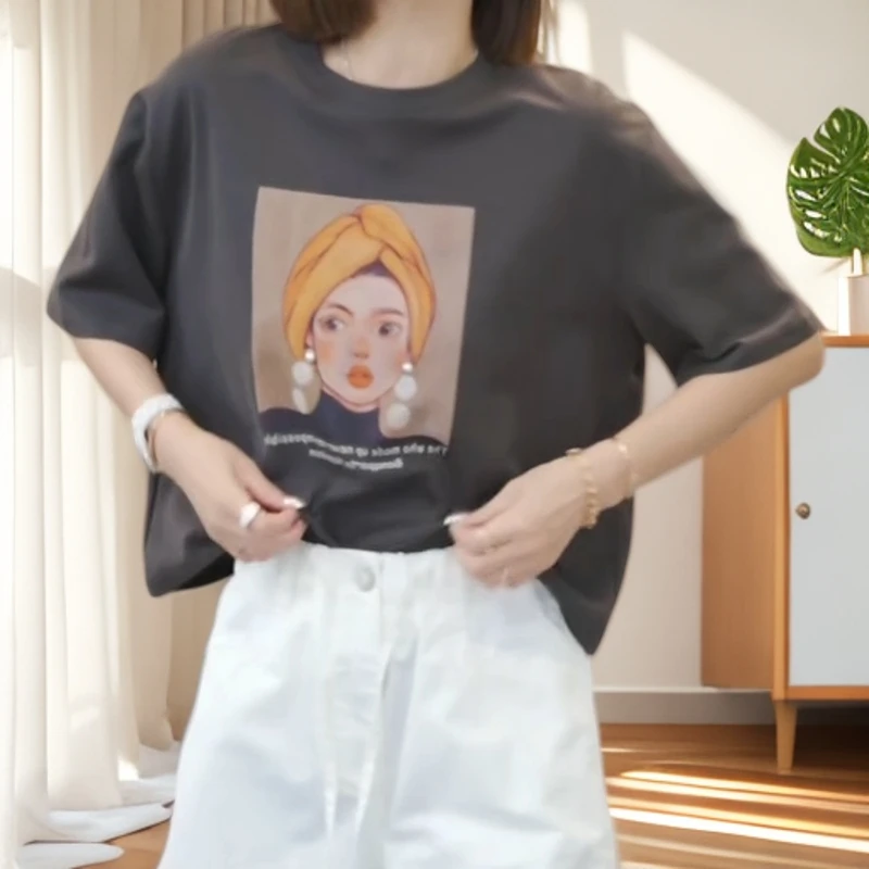 【珍珠少女】2025夏季新款时尚休闲气质T恤宽松短袖上衣印花
