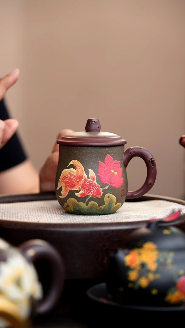 茶壶紫砂青段粉浆金鱼荷花盖杯
