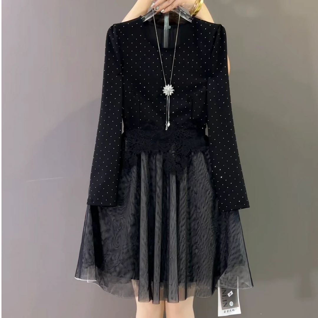 2025年新款烫钻秋冬季拼接连衣裙网纱内搭收腰显瘦拼接打底裙子