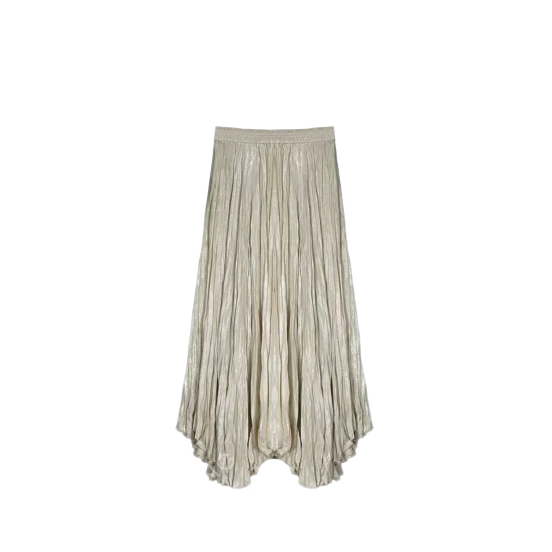 [人鱼姬]2025新款小众气质高腰百搭夏季不规则中长款褶皱半身裙女