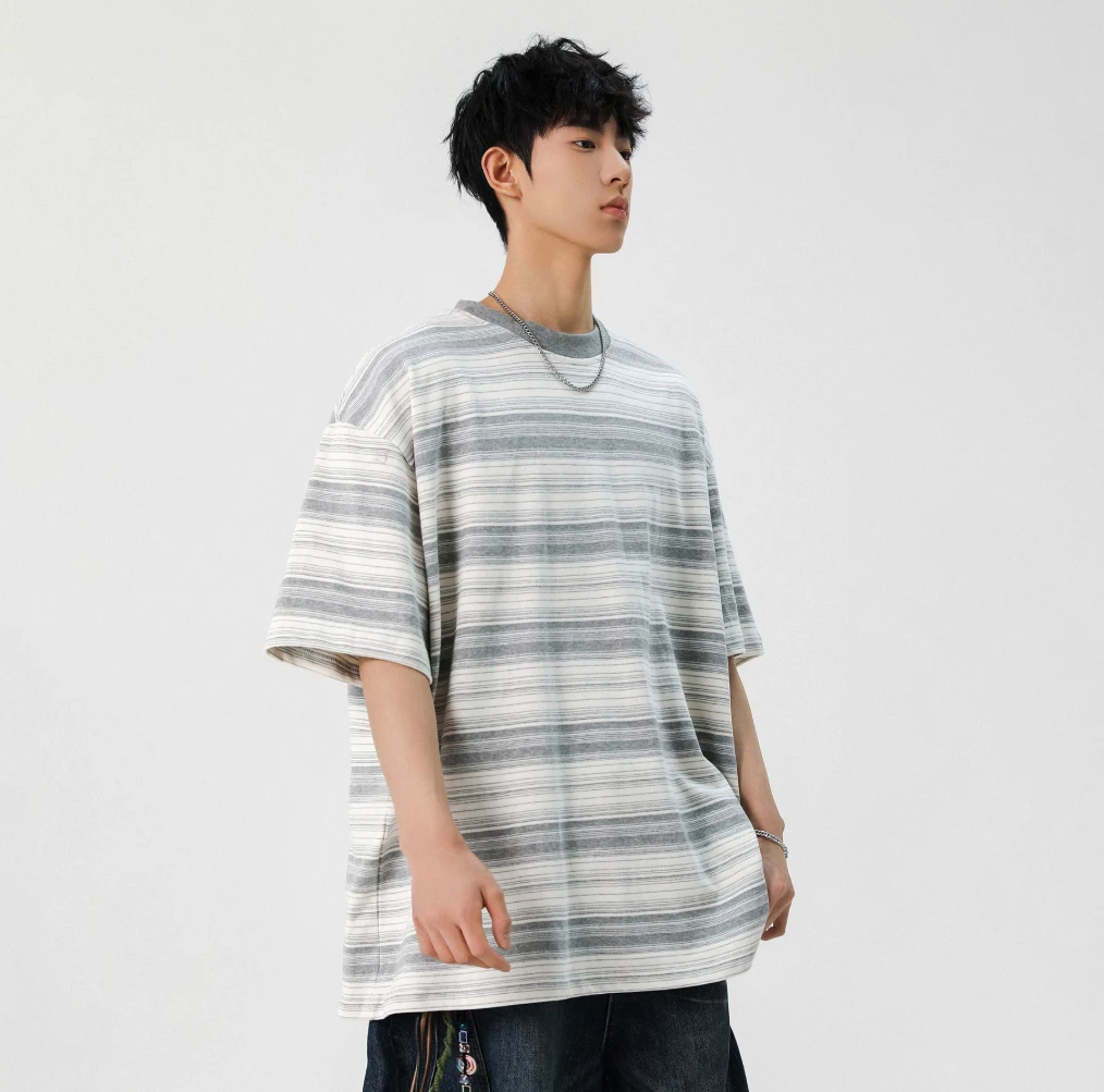Howear何物日系条纹T恤全棉复古男女简约短袖夏重磅宽松百搭上衣