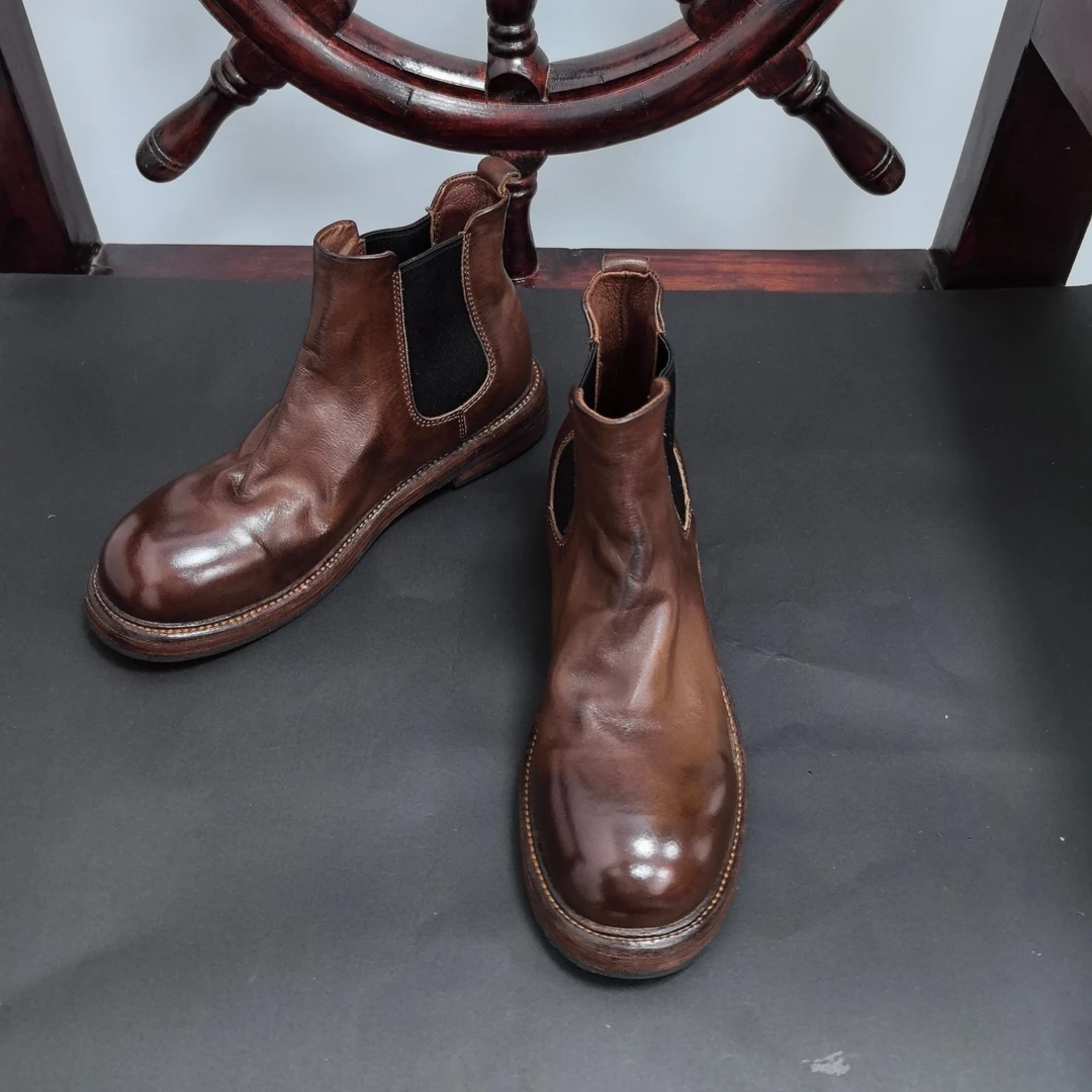 切尔西靴女短靴水洗马皮烟筒靴女2024新款真皮厚底复古做旧马丁靴