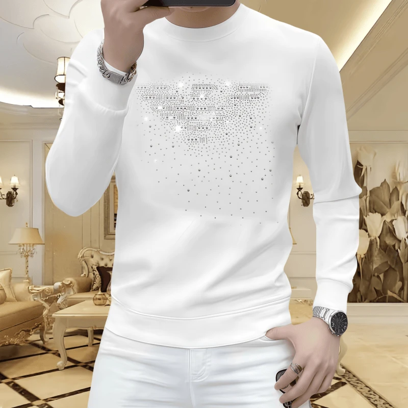 男士长袖上衣时尚新款烫钻休闲潮流修身百搭圆领秋冬套头内搭卫衣