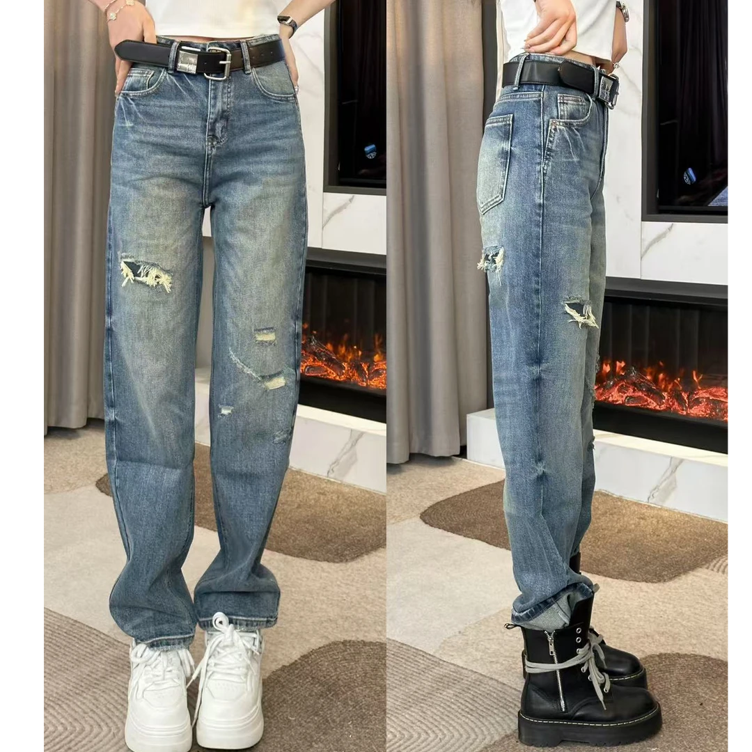 1KZ07依美丁时尚复古前后破洞腰带小直筒牛仔裤