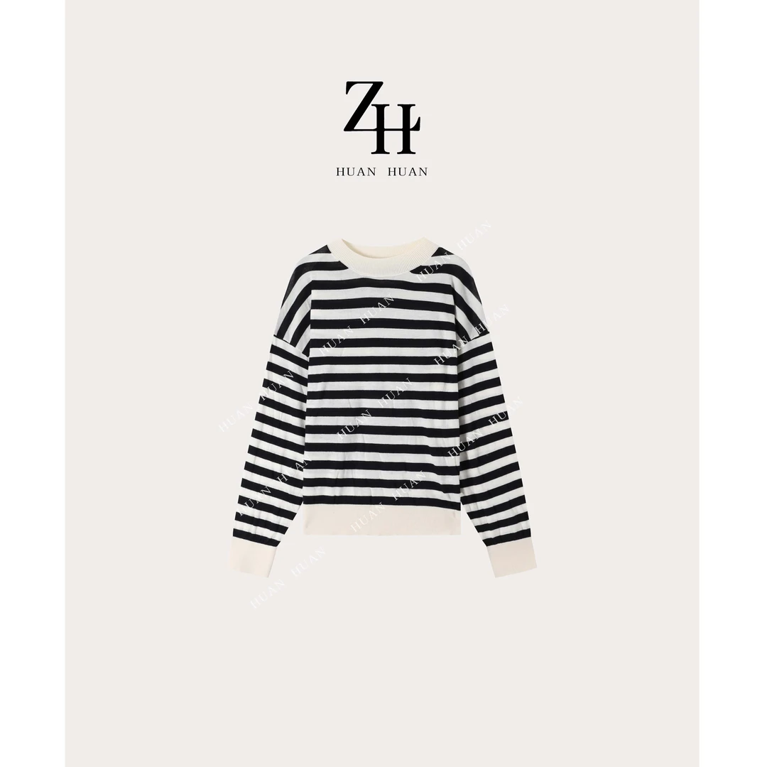 【ZH】经典条纹撞色宽松休闲针织衫上衣 158198