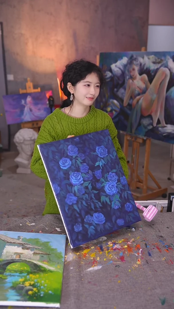 【闪购商品】油画蓝玫瑰丙烯画纯手绘