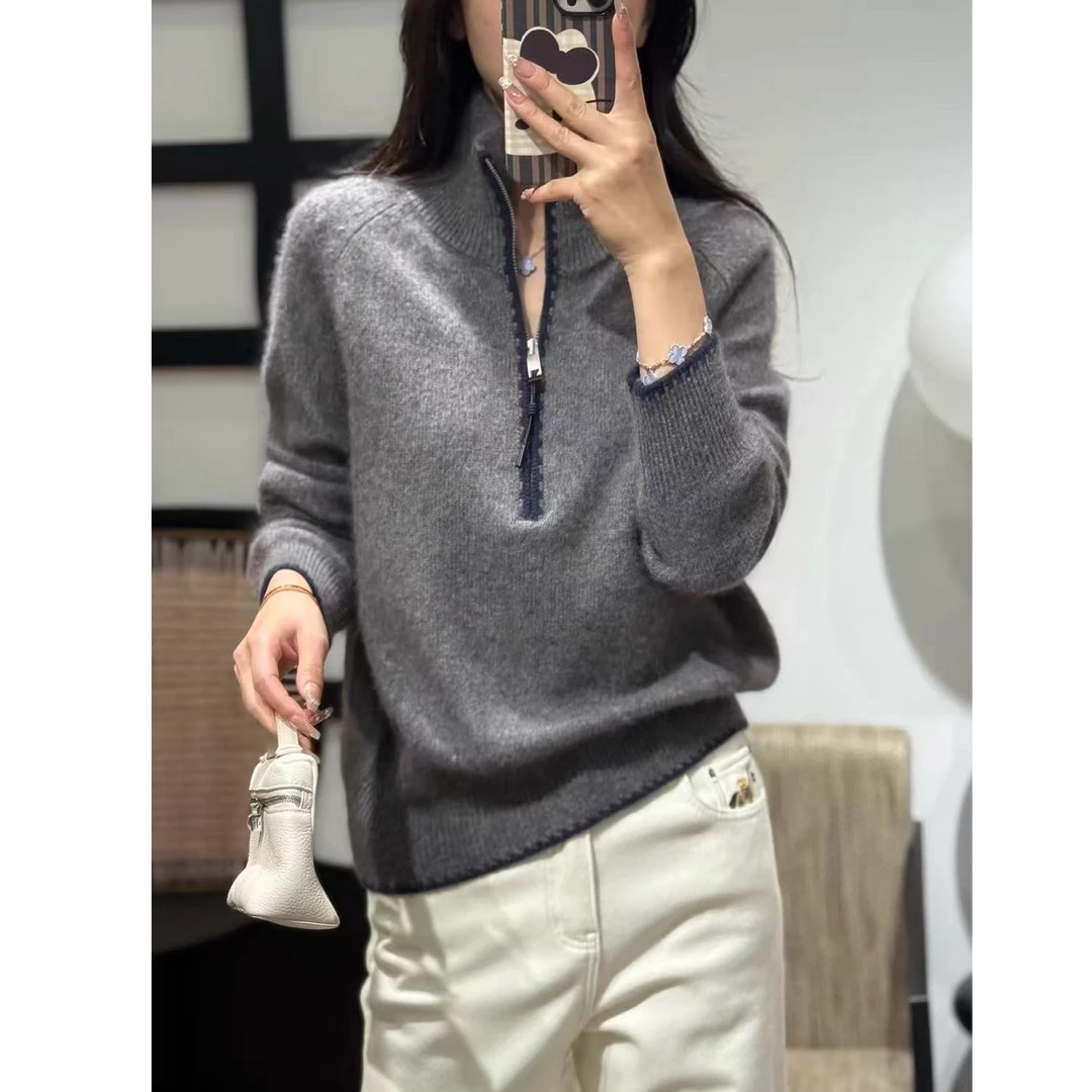 【运费补贴】法式时尚百搭宽松休闲长袖针织衫冬季半拉链套头毛衣